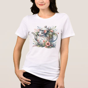 Süße Maus in floraler Teekanne Illustration Tri-Blend Shirt