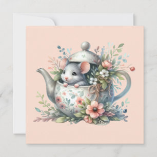 Süße Maus in floraler Teekannen-Illustration Feiertagskarte