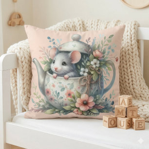 Süße Maus in floraler Teekannen-Illustration Kissen
