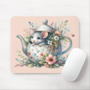 Süße Maus in floraler Teekannen-Illustration Mousepad
