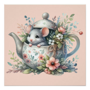 Süße Maus in floraler Teekannen-Illustration Poster