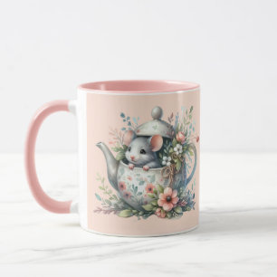 Süße Maus in floraler Teekannen-Illustration Tasse