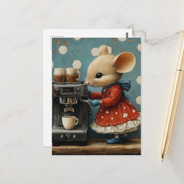 Süße Maus macht Kaffee Postkarte (Vorderseite/Rückseite Beispiel)