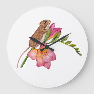 Süße Maus Wasserfarben-Blumendesign Freesien-Blü Große Wanduhr