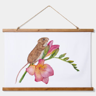 Süße Maus Wasserfarben-Blumendesign Freesien-Blü Wandteppich Mit Holzrahmen