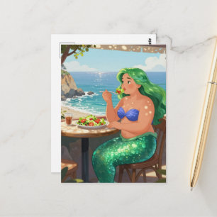 Süße Meerjungfrau im Café beim Salatessen Fantasy Postkarte