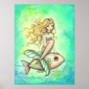 Süße Meerjungfrau und Fisch Fantasy-Kunstmalerei Poster