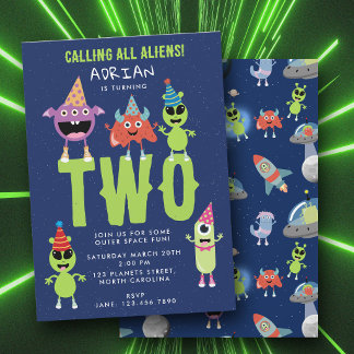 Süße moderne Alien-Monster-Space-Kinder-Geburtstag Einladung