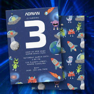 Süße moderne Alien-Monster-Space-Kinder-Geburtstag Einladung