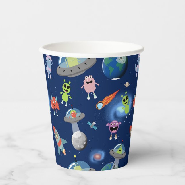 Süße moderne Alien-Monster Weltraum-Kinder-Muster Pappbecher (Vorderseite)