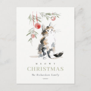 Süße moderne Wasserfarbe Meowy Weihnachtsbaum-Katz Feiertagspostkarte