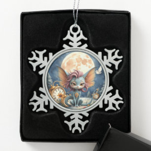 Süße mondbeschienene Fantasie-Kreatur Schneeflocken Zinn-Ornament
