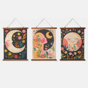 Süße Monde Boho Blumenillustration Wandteppich Mit Holzrahmen