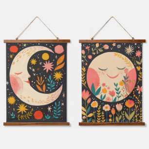 Süße Monde Boho Blumenillustration Wandteppich Mit Holzrahmen
