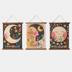 Süße Monde Boho Florale Illustration Vornamen Wandteppich Mit Holzrahmen