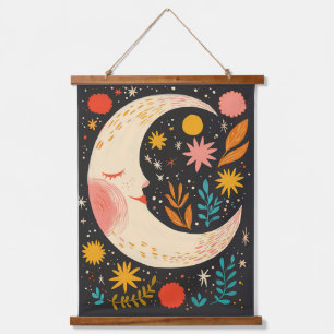 Süße Mondnacht-Himmel-Boho-Blumenillustration Wandteppich Mit Holzrahmen