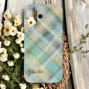 Süße Monogramm-Schrift kariert Türkis Gelb Grau Gr iPhone 16 Hülle