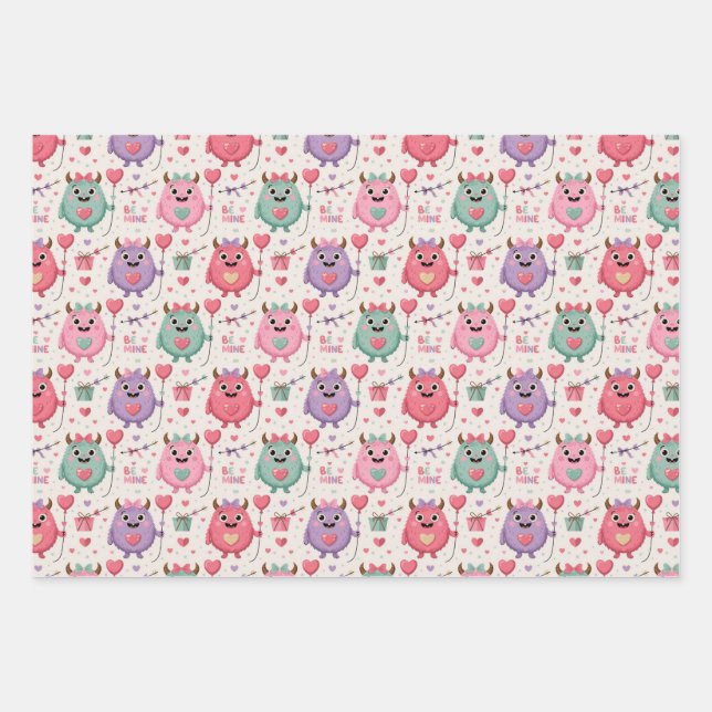 Süße Monster Valentinstag-Geschenkpapier Geschenkpapier Set (Vorderseite)