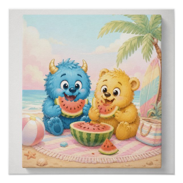 Süße Monster-Wassermelonen-Strand-Picknick-Kinder- Poster (Vorderseite)
