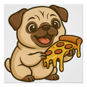 Süße Mops-Hund-Cartoon-Pizza-Liebhaber Poster