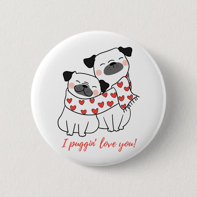 Süße Mops-Paar mit Herzen Illustration Button (Vorderseite)