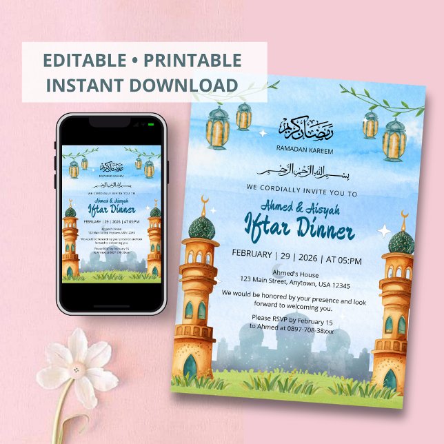 Süße Moschee- und Laternen-Illustration Iftar Einladung (Von Creator hochgeladen)