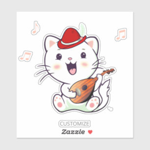 Süße musikalische weiße Katze mit Mandoline Aufkleber