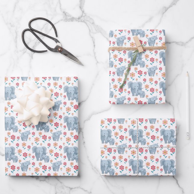 Süße Mutter Baby Elefant Fliesenmuster Geschenkpapier Set (Vorderseite)