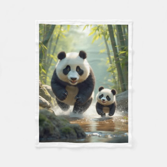 Süße Mutter Panda und Jungtier laufen in Flussdeck Fleecedecke (Vorderseite)