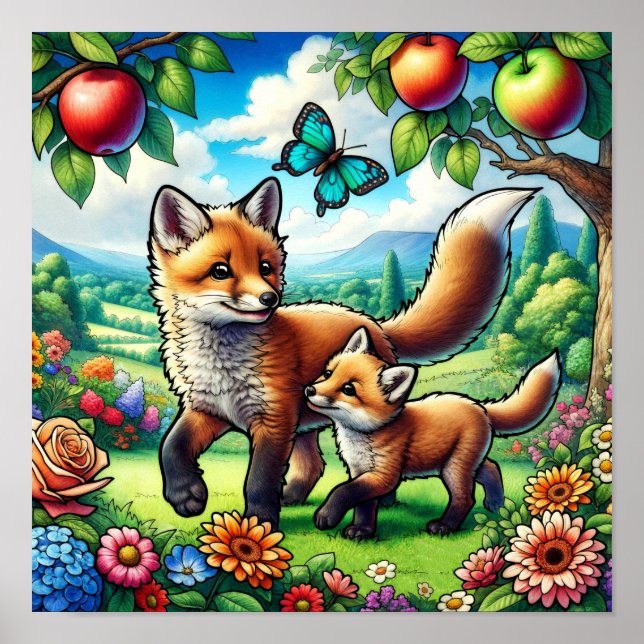 Süße Mutter und Babyfuchs in einem farbenfrohen Bl Poster (Vorne)