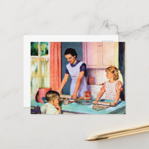 süße Mutter und Kind Küche Retro Vintage Postkarte