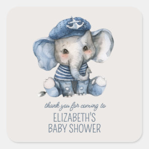 Süße nautische blaue Baby-Elefanten-Baby-Party Quadratischer Aufkleber