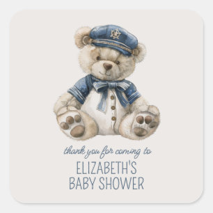 Süße nautische blaue Babybär-Babyparty Quadratischer Aufkleber