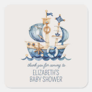 Süße nautische blaue Segelschiff-Baby-Party Quadratischer Aufkleber