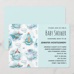 Süße nautische Wale Wasserfarben Muster Dusche Einladung