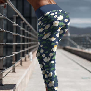 Süße Navyblaue und Weiße Florale Daisy Capri Leggings