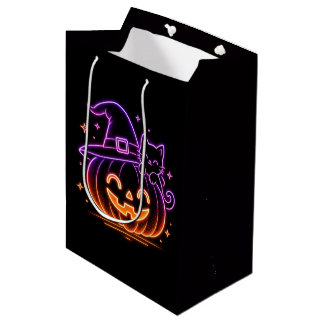 Süße Neon-Halloween-Kürbis-Katzen-Geschenktasche Mittlere Geschenktüte