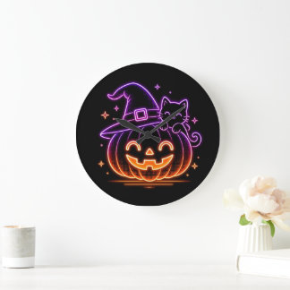 Süße Neon-Halloween-Kürbis-Katzen-Wanduhr Große Wanduhr