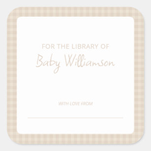 Süße neutrale Karo-Gingham-Baby-Shower-Exlibris Quadratischer Aufkleber