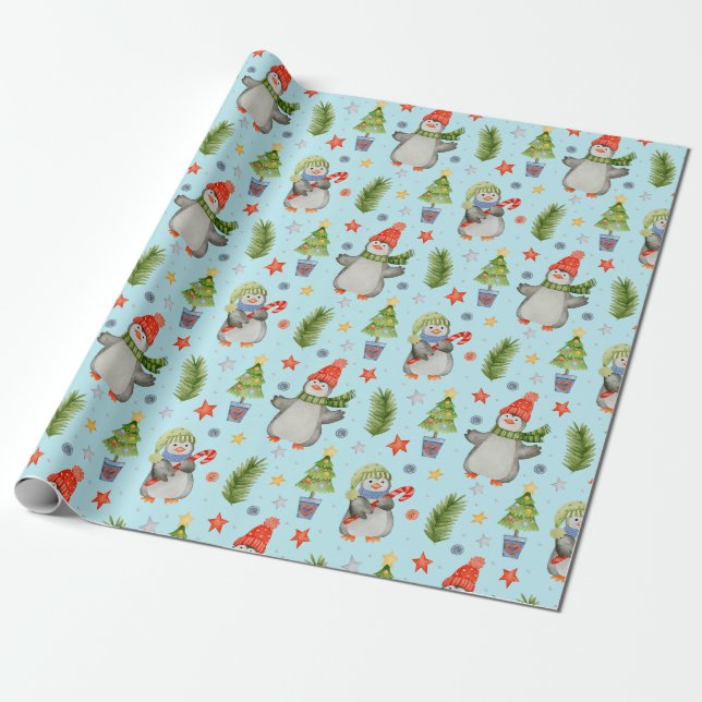 Süße Nordpol-Weihnachtspinguine  Geschenkpapier (Ungerollt)