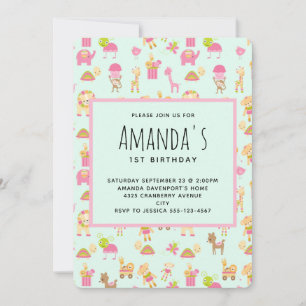 Süße Nursery-Tiere Muster Geburtstag Einladung