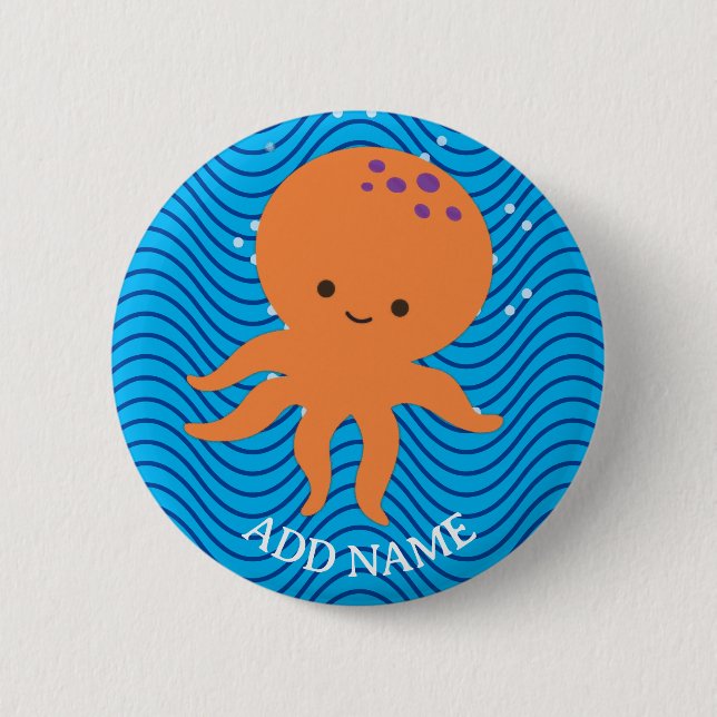 Süße Oktopus-Cartoon-Blauwellen-Muster Button (Vorderseite)