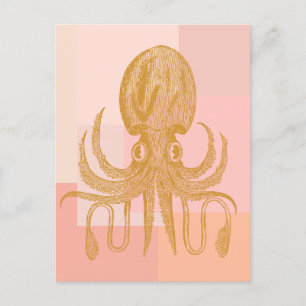 Süße Oktopus-Kunstillustration in Rosa und Gold Postkarte
