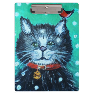 Süße Ölmalerei-Katze mit Vogel-Weihnachtsgruß Klemmbrett