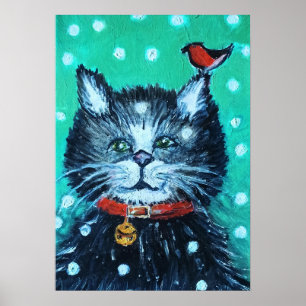 Süße Ölmalerei-Katze mit Vogel-Weihnachtsgruß Poster