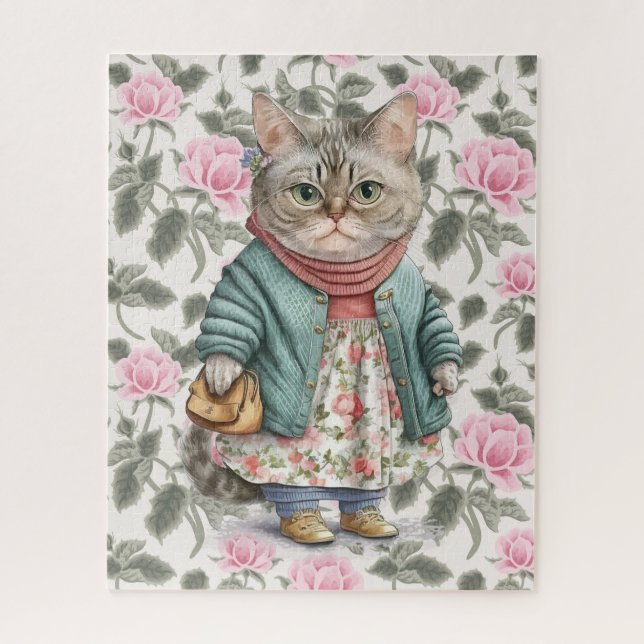 Süße Oma-Katze Rosa Blumen-Schürze Pullover Puzzle (Vertikal)