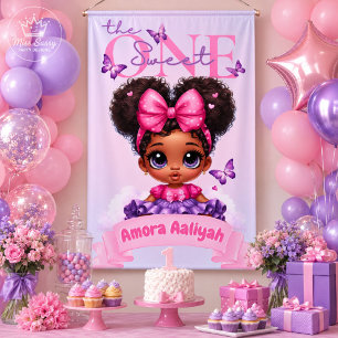 Süße ONE Lila Afro-Puff-Babymädchen-Geburtstag Banner