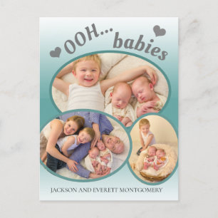 Süße Ooh Babys Zwillings-Foto Teal Geburtsanzeige Ankündigungspostkarte