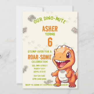 Süße orange Dinosaurier T-Rex Geburtstagseinladung Einladung
