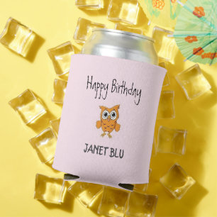 Süße orange Eule zum Geburtstag auf Rosa Dosenkühler